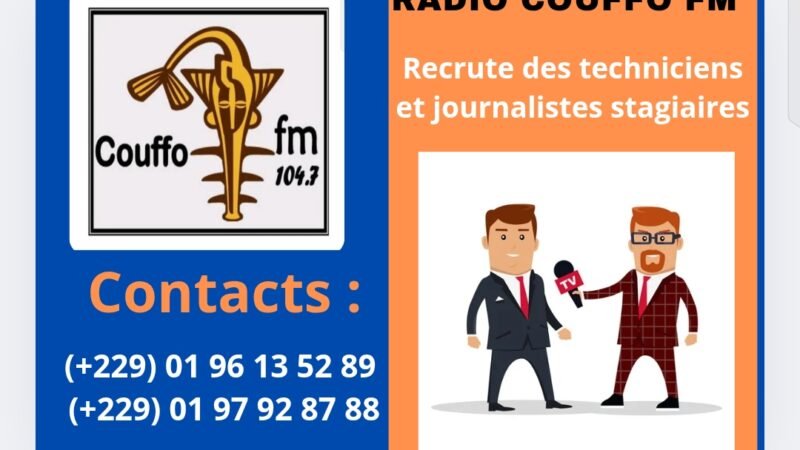 Couffo Recrutement : La Radio Couffo Fm d’Adjahonmey recrute des stagiaires ou des passionnés du Journalisme