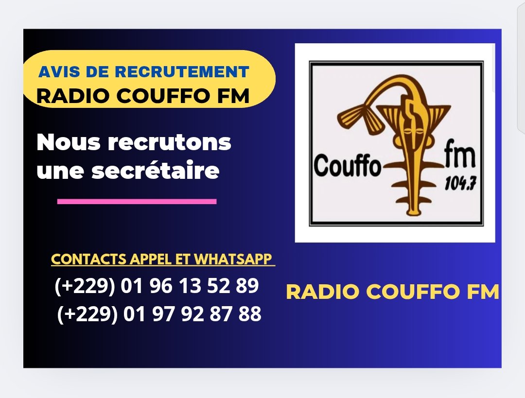 Couffo offre d’emploi : la Radio Couffo Fm d’Adjahonmey recrute une secrétaire commerciale Couffo offre d’emploi : la Radio Couffo Fm d’Adjahonmey recrute une secrétaire commerciale